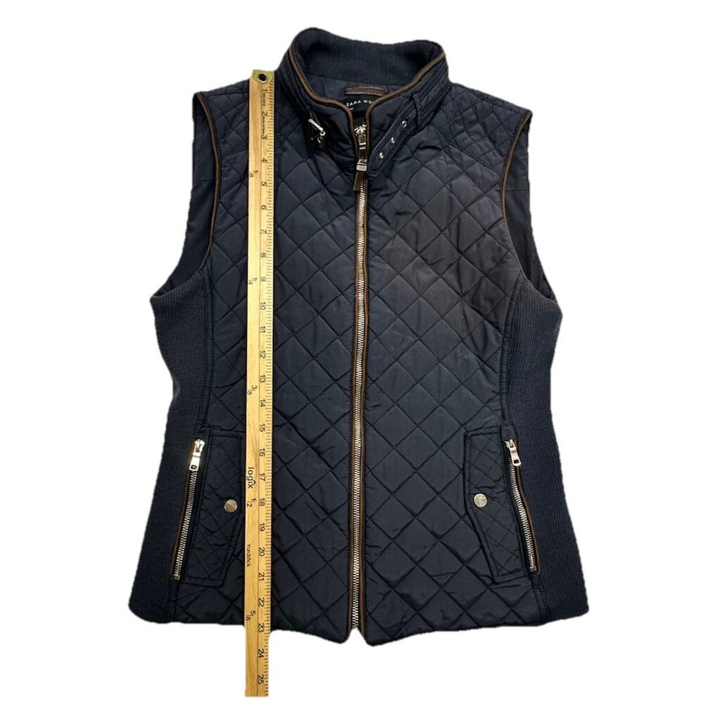 Zara Womens Quilted Vest Size Large Navy Blue Full Zip Pockets Mock Buckle Neck - Picture 2 of 7